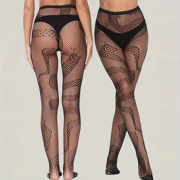 NEW Black Snake Pattern Fishnet Tights - Picture 3 of 3